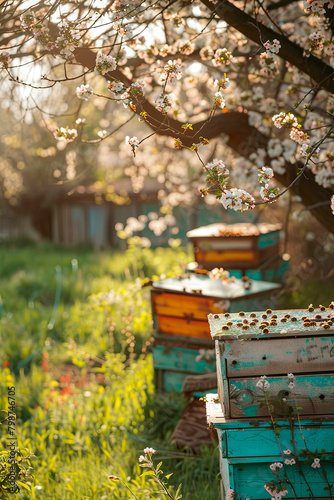 Bee hives in a blooming garden. Selective focus.