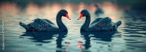 Two black swans on the lake. Selective focus. photo