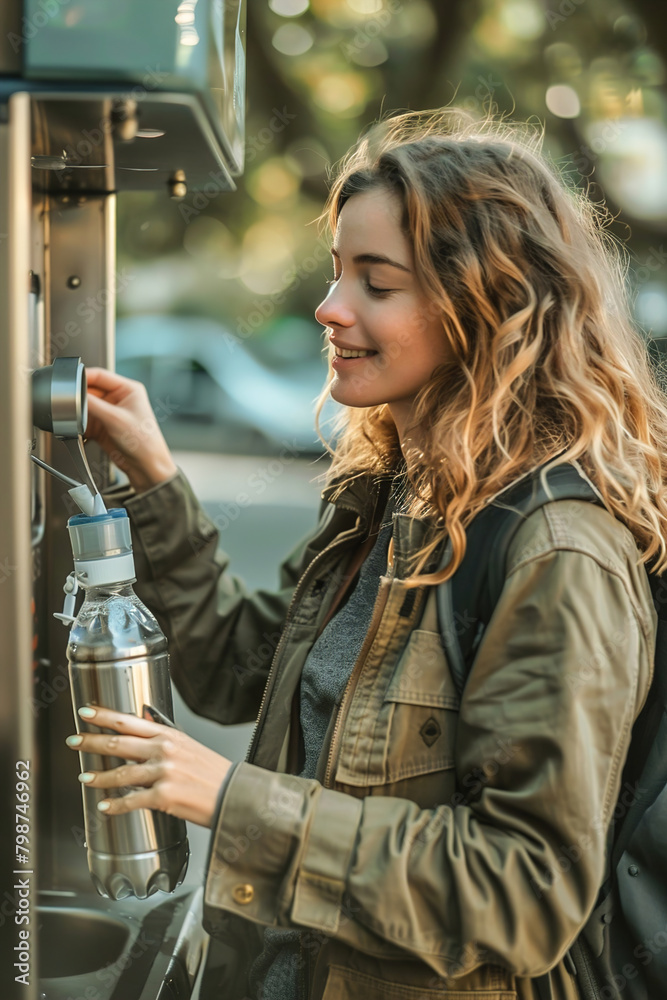 A woman using a reusable water bottle at a refill station, demonstrating eco-conscious hydration habits and reducing single-use plastic waste. A woman using a reusable water bottle at a refill station, demonstrating eco-conscious hydration habits and reducing single-use plastic waste.