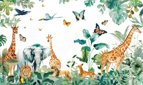 A watercolor illustration of A lively scene with various animals like lions