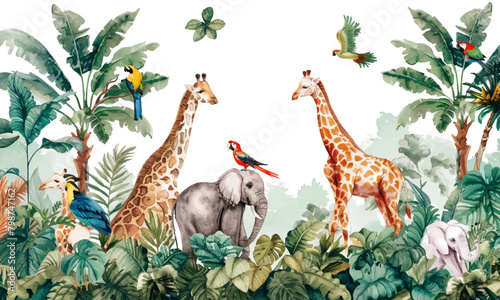 A watercolor illustration of A lively scene with various animals like lions