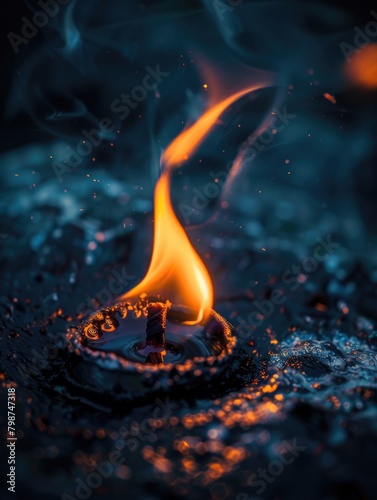 Burning Candel at Night. Warm Fire Light on Colorful Object