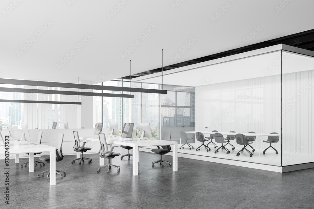 Fototapeta premium White office interior with coworking and glass conference room, panoramic window