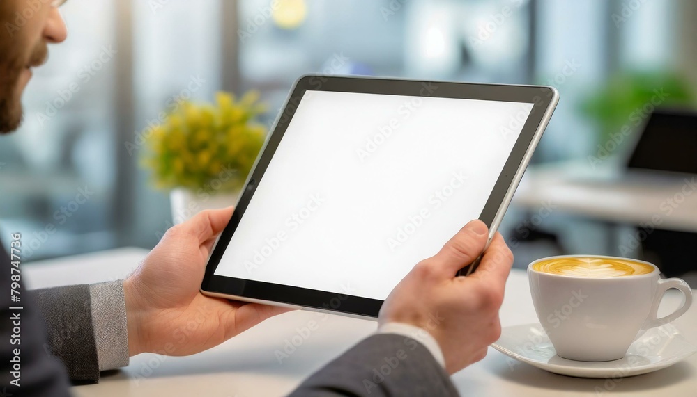 Tablet held by Man in an Office - Mockup for Application or Web Design - Template for Presentation of Graphic Design - Corporate Representation at Consumers