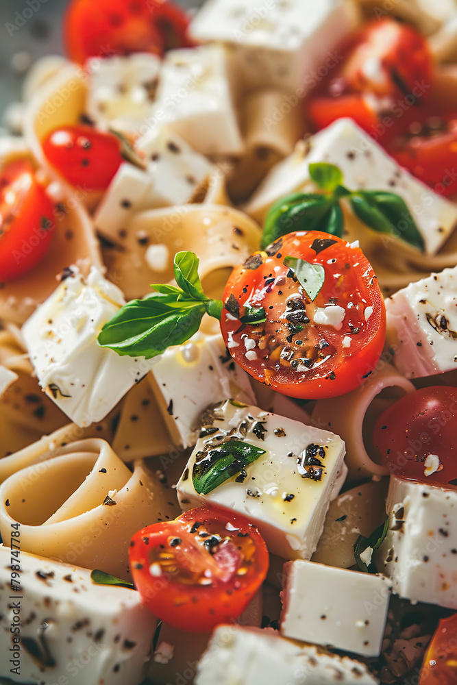 pasta with feta and tomatoes. Selective focus. pasta with feta and tomatoes. Selective focus.