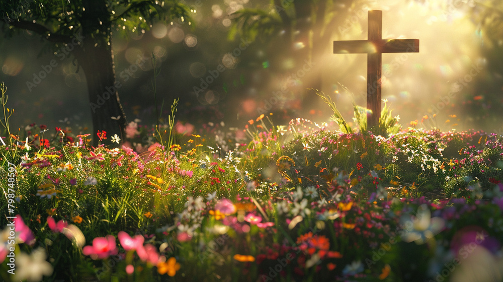 A sunlit meadow with a cross standing tall amidst a bed of colorful blooms, representing the promise of resurrection and new life. A sunlit meadow with a cross standing tall amidst a bed of colorful blooms, representing the promise of resurrection and new life.