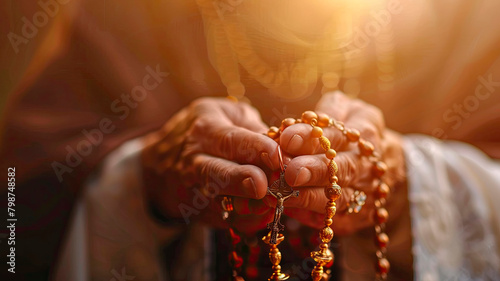 rosary with a cross in hands. Selective focus.