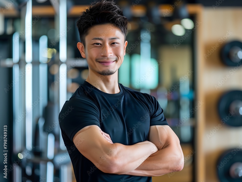 Japanese Male Personal Trainer Smiling with Gym Background Japanese Male Personal Trainer Smiling with Gym Background