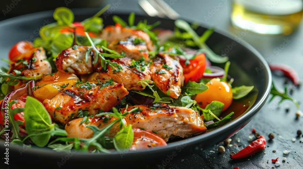 Salad with chicken and vegetables served on a black plate under the sun Salad with chicken and vegetables served on a black plate under the sun