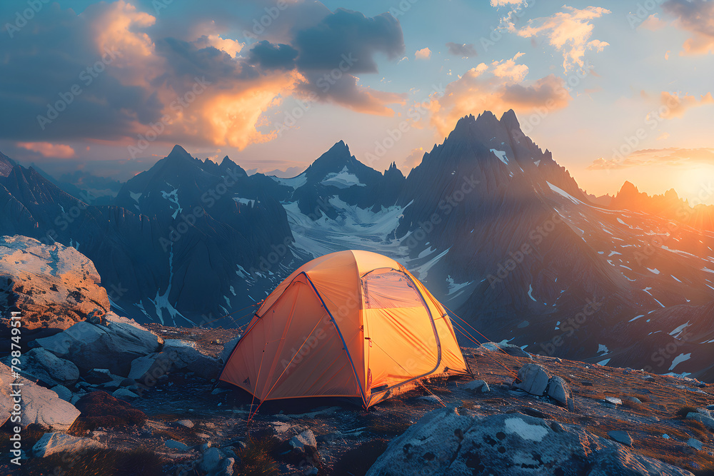 Camping tent high in the mountains at sunset, perfect for travel and adventure promotions.