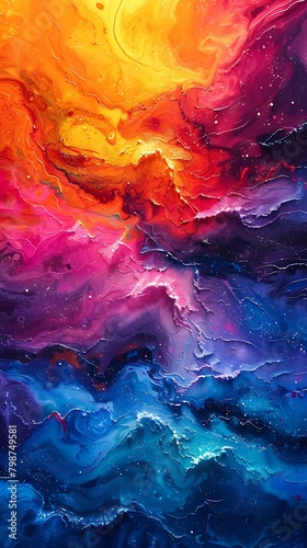 Vibrant abstract painting with a colorful blend of orange, red, purple, and blue resembling a cosmic galaxy scene.