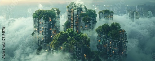 A city in the clouds with lush greenery and modern architecture.