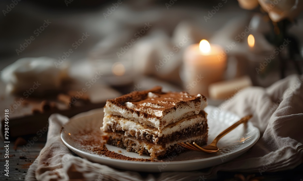 warm ambient light, Close-up with part of the tiramisu portion eaten, Generative AI warm ambient light, Close-up with part of the tiramisu portion eaten, Generative AI