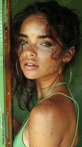 A portrait of a young woman with freckles looking over her shoulder with a captivating gaze and natural light highlighting her features. 