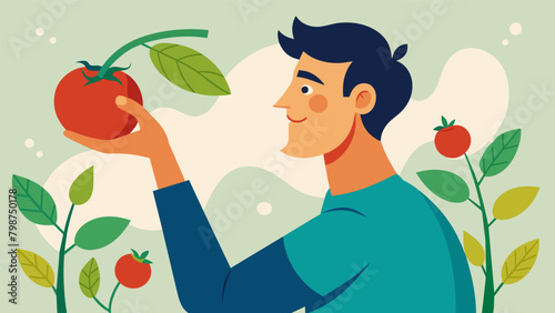 As he plucks a ripe tomato from the vine the man savors the sweet flavors of his harvest feeling a sense of satisfaction and relaxation like no other..