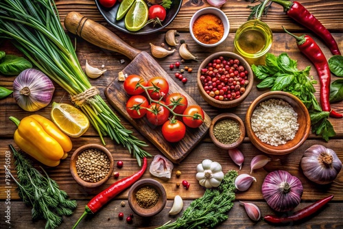 Artfully Arranged Ingredients: An image featuring a visually appealing arrangement of fresh ingredients, perhaps on a rustic wooden surface, conveying the essence of cooking and culinary creativity. 