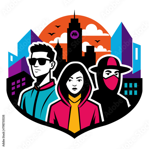 Visually striking sticker featuring a stylized city skyline backdrop, enhanced by vibrant street art elements and the presence of chic, trendsetting individuals in sleek urban attire