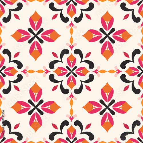 Pink  orange and black seamless pattern. Abstract vector ornament template. Paisley elements. Great for fabric  invitation  background  wallpaper  decoration  packaging or any desired idea.
