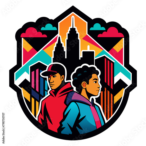Visually striking sticker featuring a stylized city skyline backdrop, enhanced by vibrant street art elements and the presence of chic, trendsetting individuals in sleek urban attire