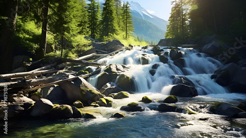 waterfall in the mountains with rocks and tree in the background beutiful and peacful vibes  photo