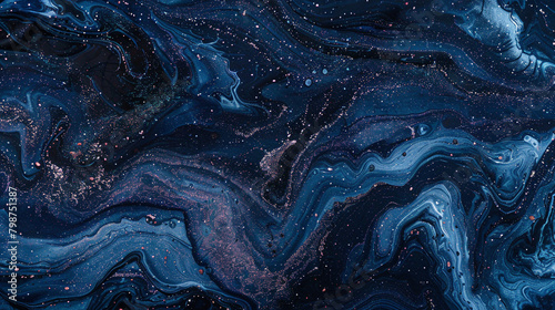 Shining indigo abyss marble ink infused with twinkling coral glitters, illuminating the depths of the darkest cosmic abyss.