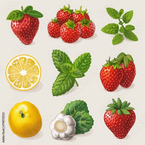 Vector illustration of ripe strawberries  sliced lemon  fresh mint leaves  and garlic bulb on a light background.