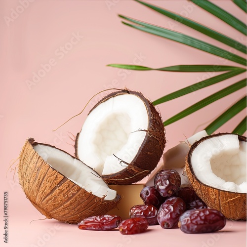 Organic coconuts and dates. Vegan superfood. Healthy food concept.
