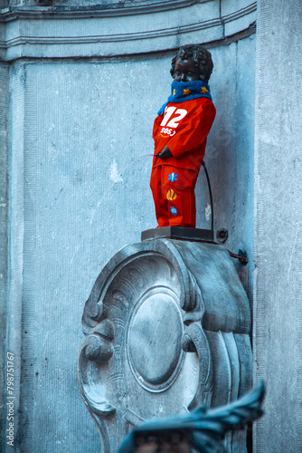 Manneken Pis statue dressed for emergency day, Bryssels, Belgium