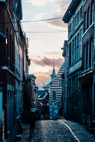 Narrow street in the city of Liège, Belgium. photo