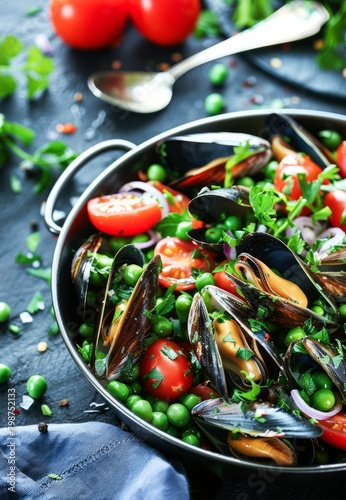 Steamed Mussels With Fresh Herbs, Tomatoes, and Peas Served on a Dark Plate