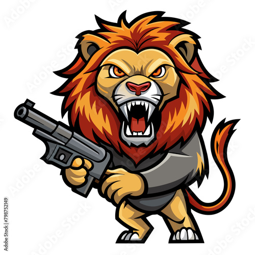 Generate a hair-raising sticker design depicting a lion equipped with a gun, instilling a sense of horror and foreboding in the viewer