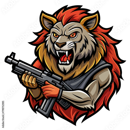 Generate a hair-raising sticker design depicting a lion equipped with a gun, instilling a sense of horror and foreboding in the viewer