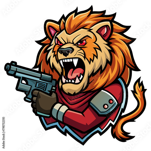 Generate a hair-raising sticker design depicting a lion equipped with a gun, instilling a sense of horror and foreboding in the viewer