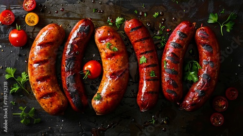 Grilled sausages with tomatoes and parsley on a black background. photo