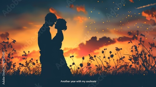 Sweet and tender birthday card mockup, Silhouette of a loving couple embracing in a tender moment with a backdrop of a stunning sunset and wildflowers, captioned "Another year with my soulmate".