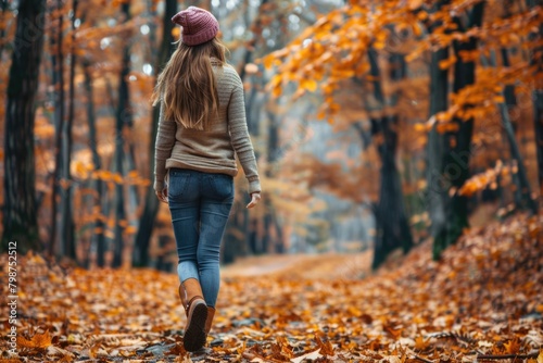 Woman Walking Outside. Autumn Forest Trail Walk in Nature for Happy Girl's Active Exercise