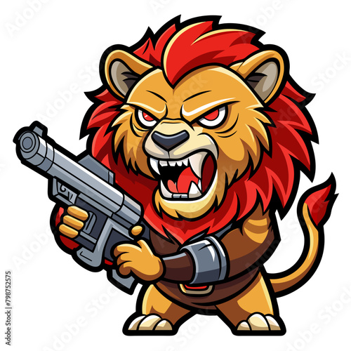 Generate a hair-raising sticker design depicting a lion equipped with a gun, instilling a sense of horror and foreboding in the viewer