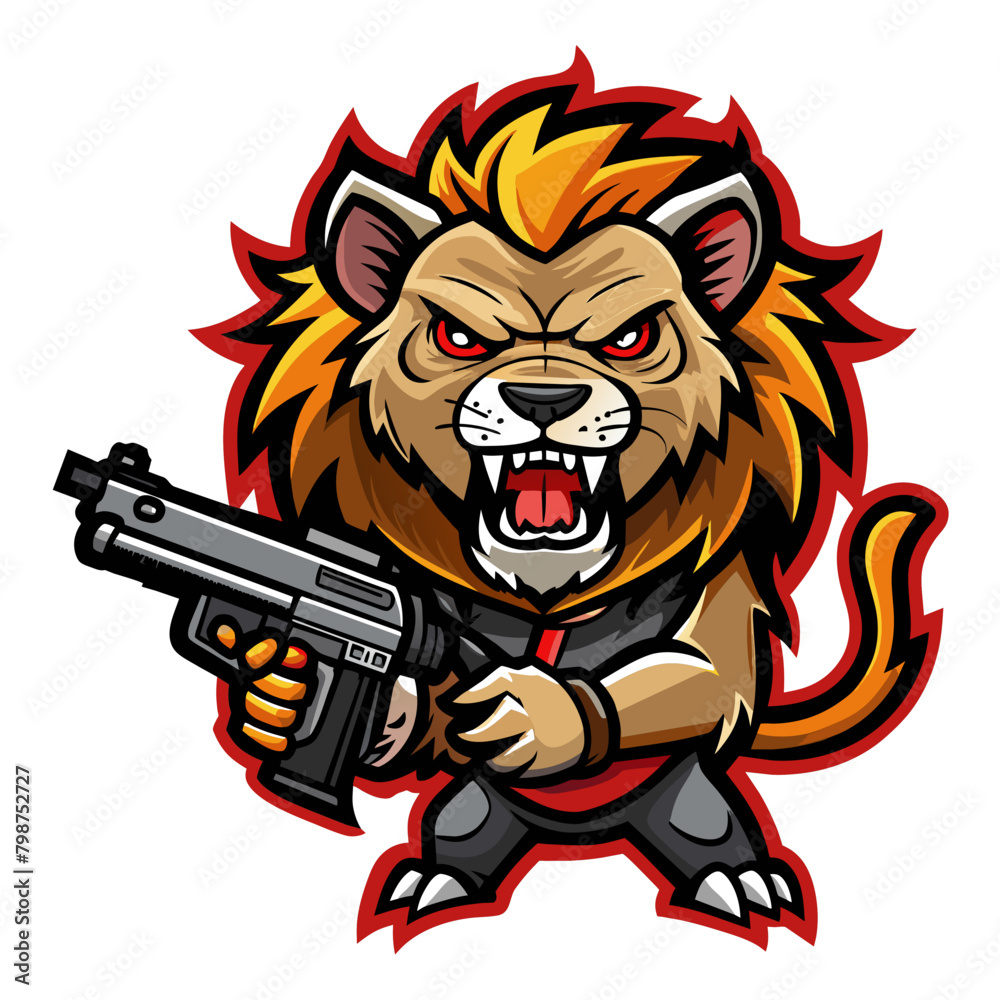 Generate a hair-raising sticker design depicting a lion equipped with a gun, instilling a sense of horror and foreboding in the viewer