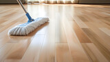 Cleaning of parquet floor with mop indoors 
