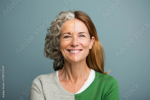 Beauty and care visibility in aging psychological health management, integrating facial comparison for old benefits and young to old generation aging illustration proactive skincare.