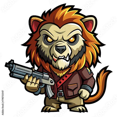 Generate a hair-raising sticker design depicting a lion equipped with a gun, instilling a sense of horror and foreboding in the viewer