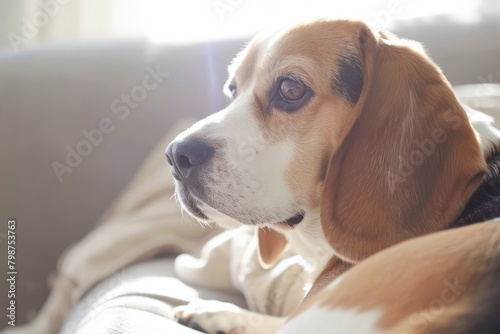 Beagle Dog Resting on a Cozy White Blanket in Bright Daylight