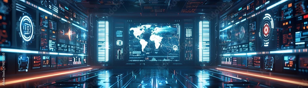 A futuristic control room with a large world map display and various other screens and readouts. A futuristic control room with a large world map display and various other screens and readouts.