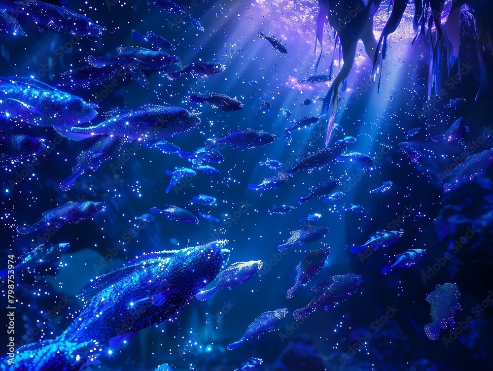 A school of glowing blue fish swim through a dark blue ocean. The fish are illuminated by a beam of light from above. The scene is beautiful and mysterious.