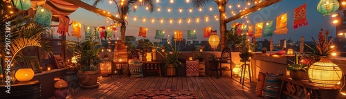 A festive boho themed rooftop party in an exotic locale, adorned with string lights and colorful banners photo