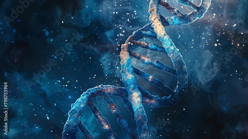 A glowing blue double helix representing DNA on a dark blue background. photo