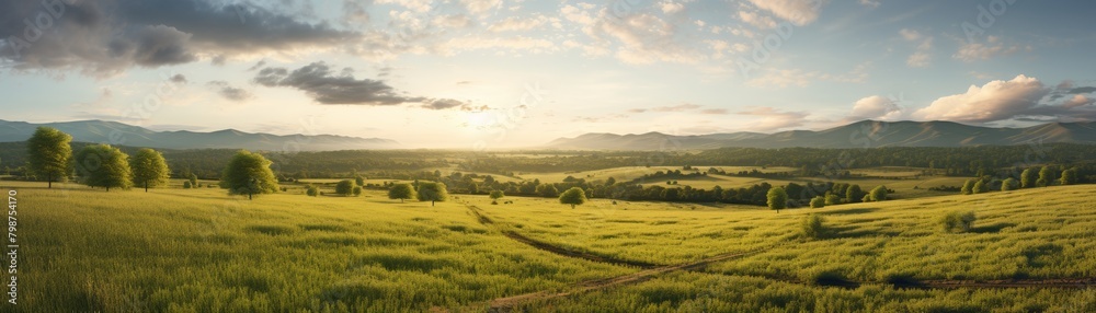 A green field with a dirt road in the foreground, trees, and mountains in the background, and the sun rising over the horizon