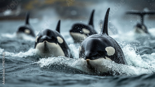 14. Oceanic Guardians: As guardians of the sea, a majestic pod of killer whales patrols the waters with vigilant eyes, their sleek black and white forms slicing through the waves w