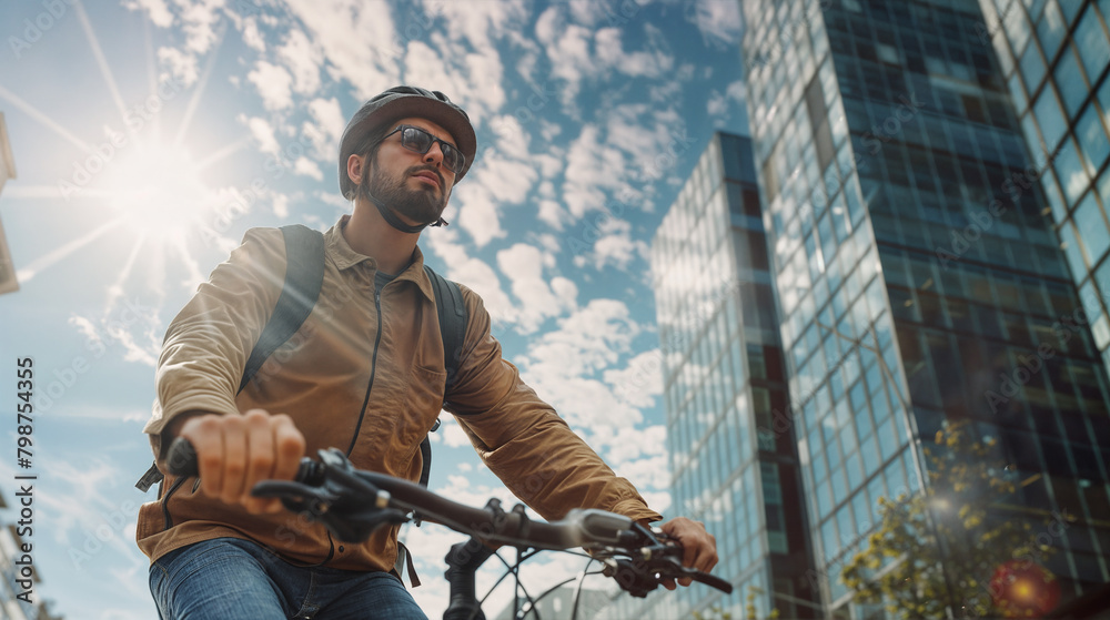 Naklejka premium Cyclist in the city. A man riding a bicycle outdoors wearing a helmet. Person rides on the street. 