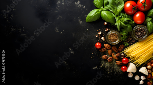 Cooking background pasta basil parmesan pesto tomato